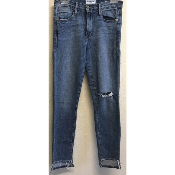 Frame Denim Size 28 Jeans Le High Stagger Hem Forest Blue Distressed - Picture 1 of 8